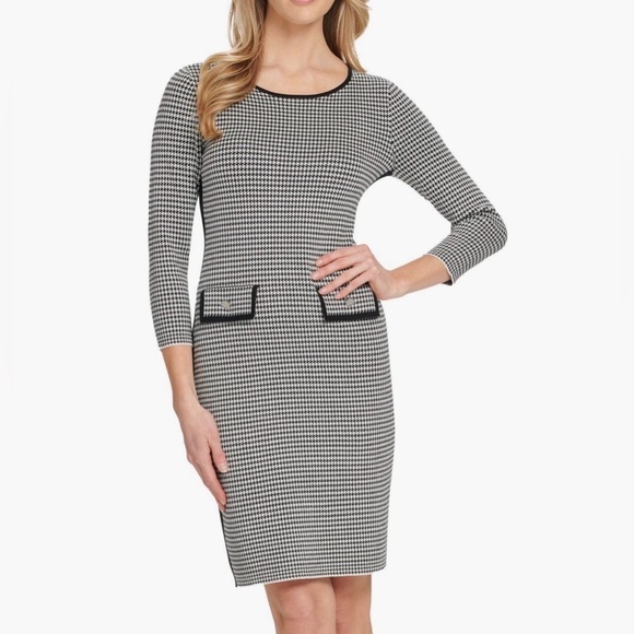 Dkny Dresses & Skirts - DKNY Long Sleeve Monochrome Houndstooth Pocket Sweater Mini Dress NWT L